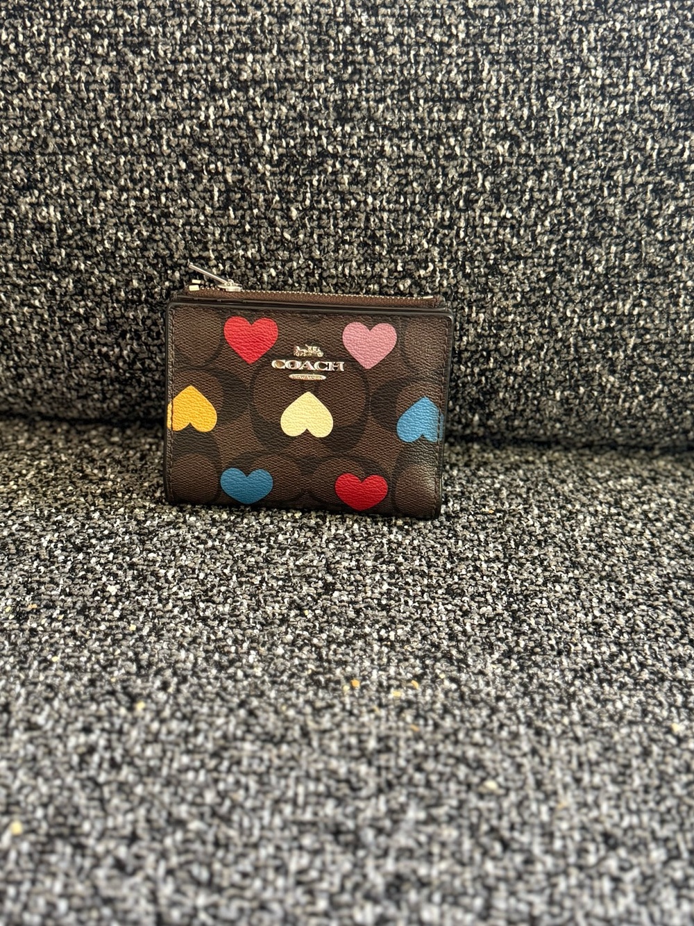 COACH Brown Signature Card Case Wallet with Multicolor Hearts